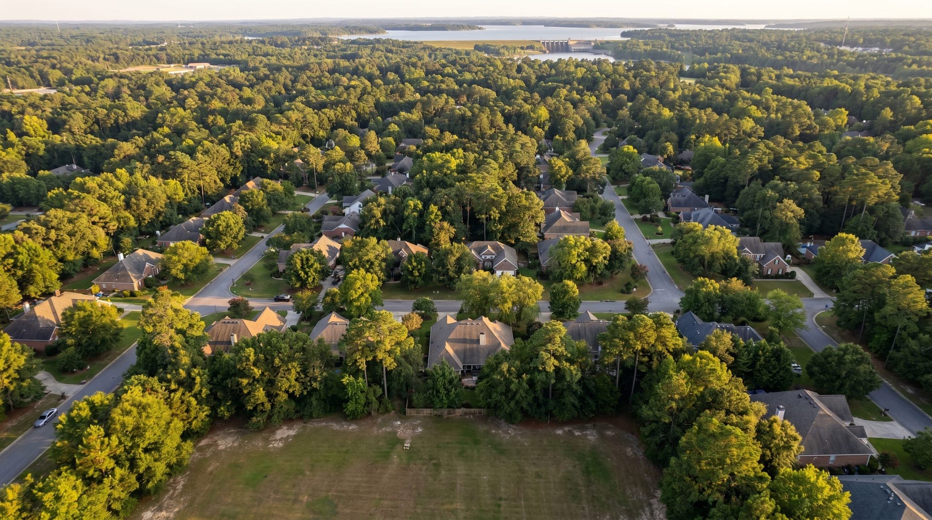 Aerial view of a South Carolina Midlands neighborhood served by Sands Roofing & Construction